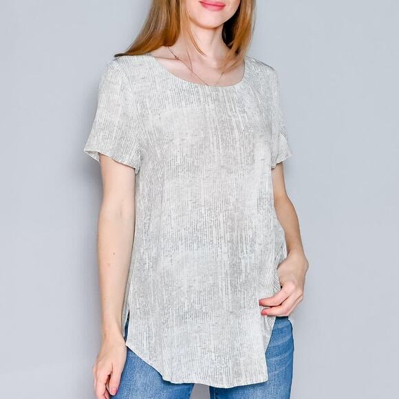 Eileen Fisher Silk Top Almond Gray Metaphor Print Short Sleeve Blouse Sz M - Picture 1 of 10